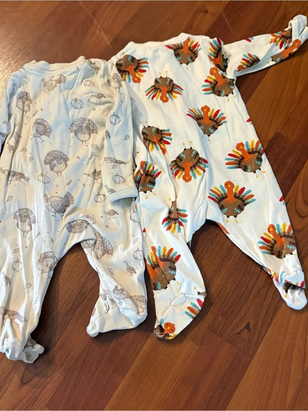 Two Turkey White Footed One-Piece Sleepers with Multicolor Turkey Print 0-3 M